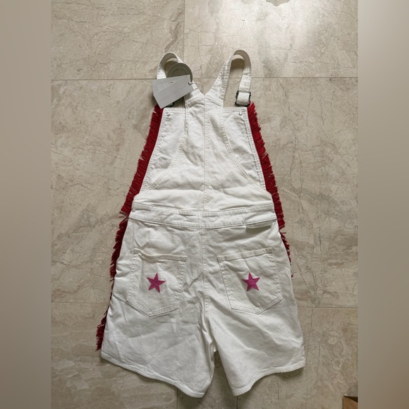 Stella Mccartney Kids Size 14 White Overalls with Pink Star Accents and Fringe - Picture 3 of 5